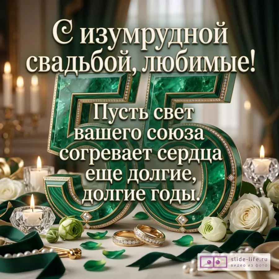 Открытка с текстом «С Изумрудной Свадьбой, Родные!» и «Пусть свет вашего союза согревает ваши сердца ещё многие-многие годы», зелёные цифры 55, золотые кольца, свечи, белые розы, зелёные лепестки, бежевый фон