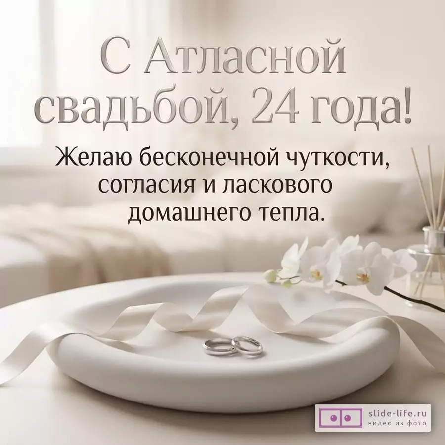 Обручальные кольца на белом блюдце с шелковой лентой, орхидеей и текстом «С Атласной свадьбой, 24 года! Желаю бесконечной чуткости, согласия и ласкового домашнего тепла.»
