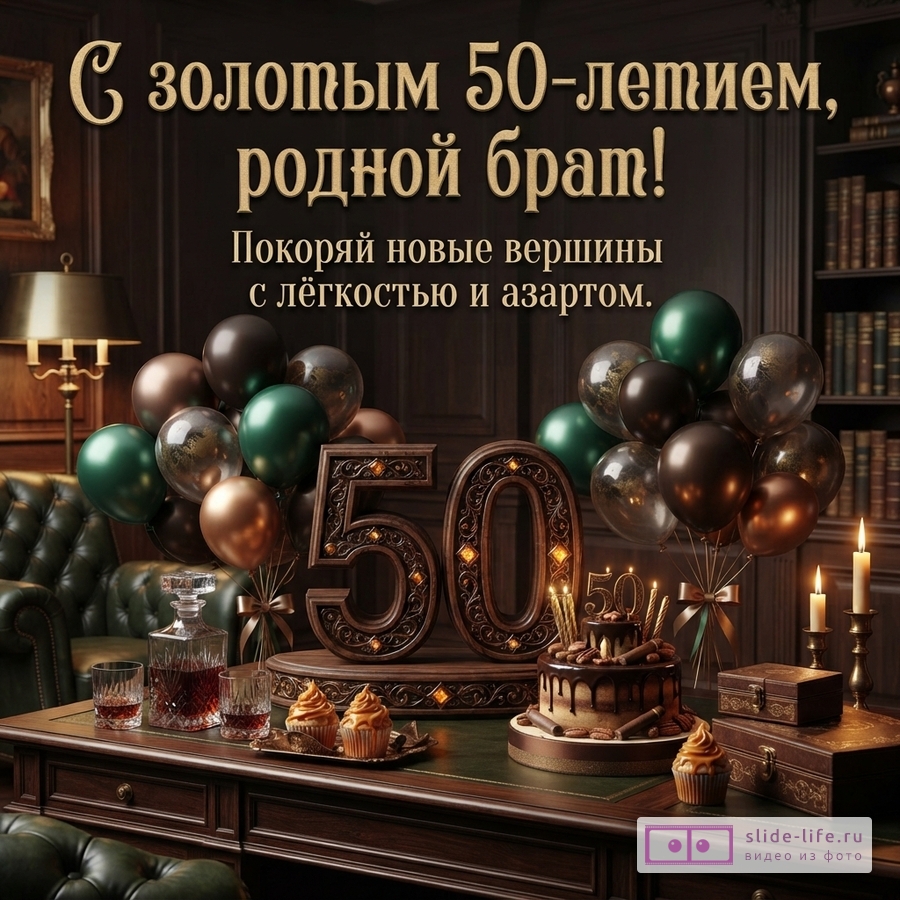 Темный фон, золотые буквы, зеленые и коричневые шары, цифры 50, торт, кексы, графин с напитком. Надпись «С золотым 50-летием, родной брат! Покоряй новые вершины с лёгкостью и азартом.»