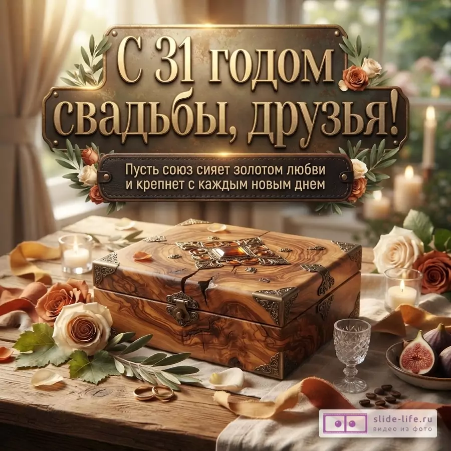 Теплый фон с размытым интерьером, деревянная шкатулка, свечи, розы и декоративная табличка с текстом «С 31 годом свадьбы, друзья! Пусть союз сияет золотом любви и крепнет с каждым новым днем.»