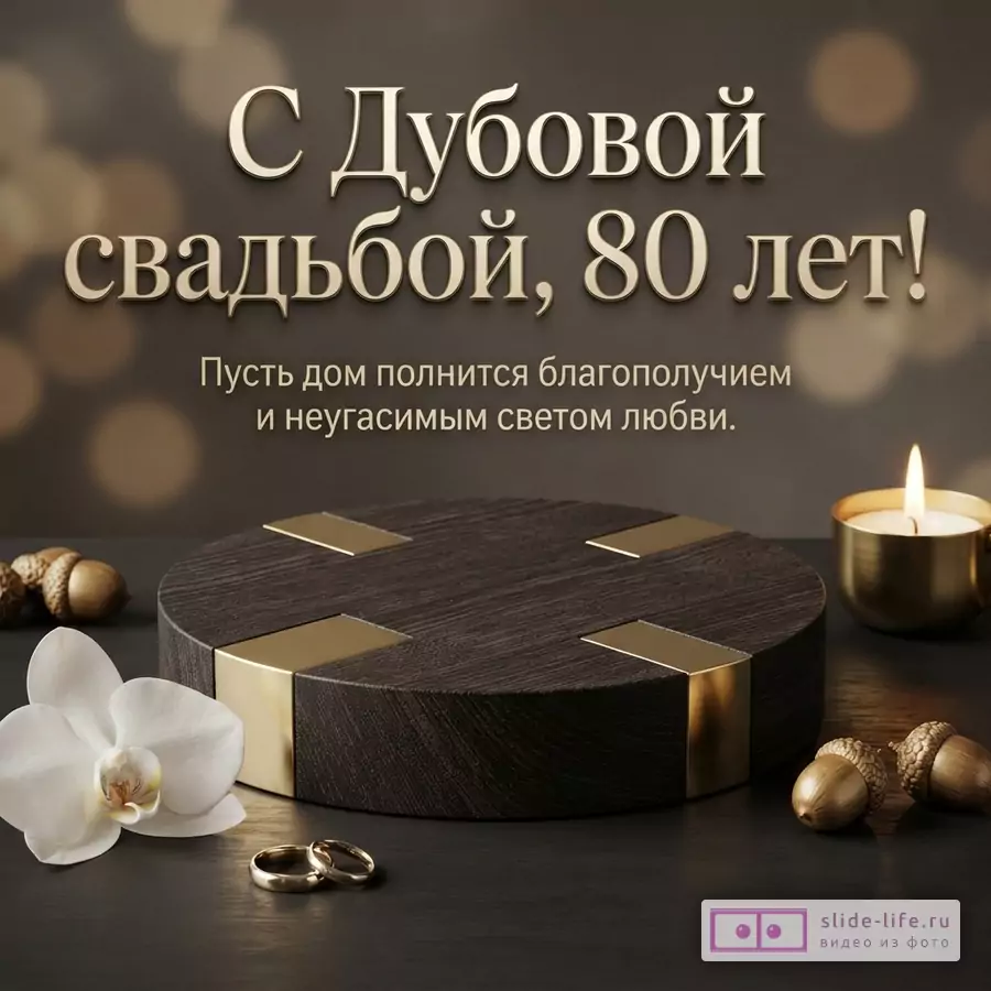 Круглый деревянный постамент с золотыми вставками, обручальные кольца, белая орхидея, свеча и текст «С Дубовой свадьбой, 80 лет! Пусть дом полнится благополучием и неугасимым светом любви.»