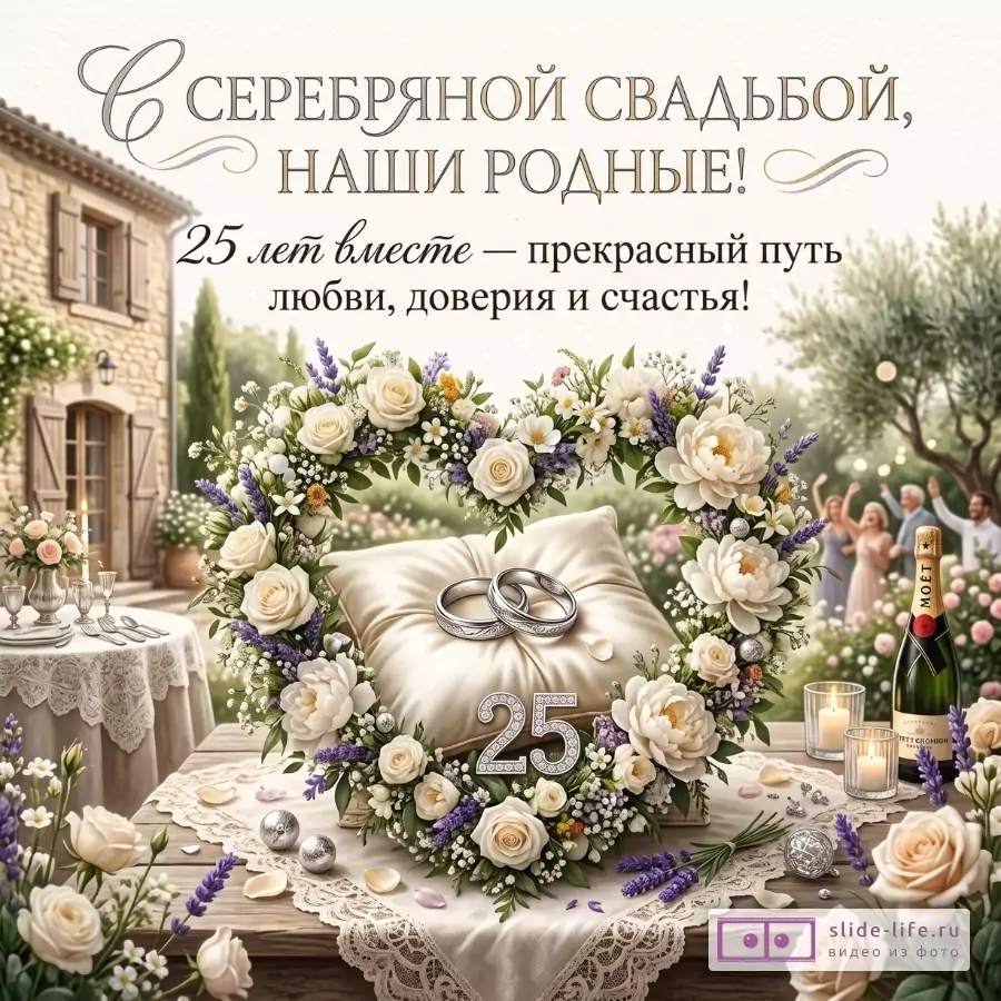 Бежево-зеленая открытка ко «СЕРЕБРЯНОЙ СВАДЬБОЙ, НАШИ РОДНЫЕ!». Текст: «25 лет вместе — прекрасный путь любви, доверия и счастья!». Цветы, кольца, цифра 25, шампанское.