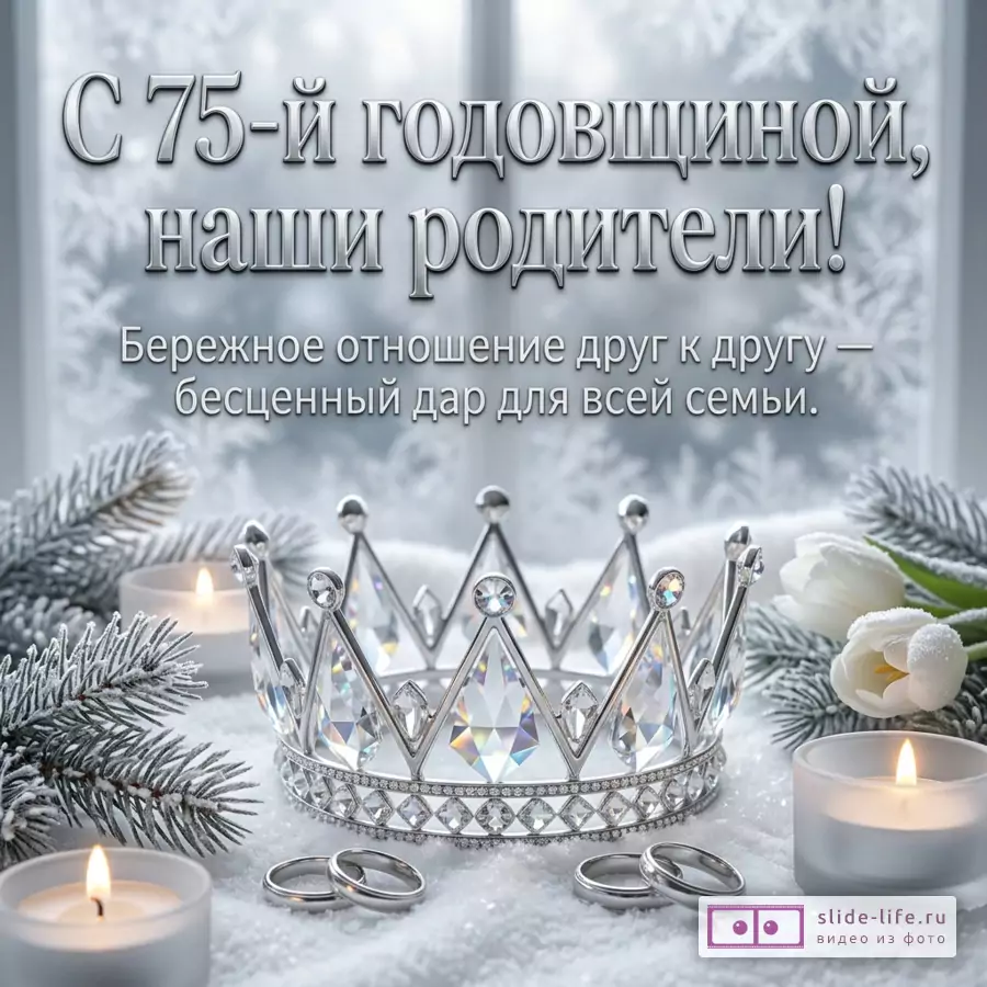 Хрустальная корона, кольца и свечи на снегу у морозного окна. Текст: «С 75-й годовщиной, наши родители! Бережное отношение друг к другу — бесценный дар для всей семьи.»