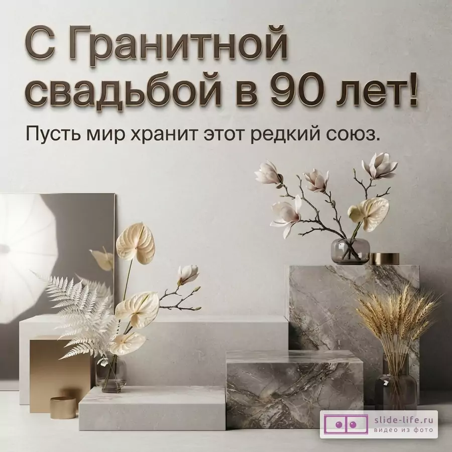 Мраморные и каменные подиумы с вазами, белыми цветами и колосьями, надпись «С Гранитной свадьбой в 90 лет! Пусть мир хранит этот редкий союз.»