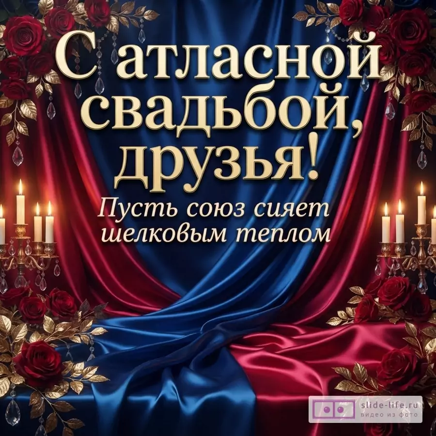 Открытка с драпировкой из синего и бордового атласа, красными розами, свечами в канделябрах и текстом: «С атласной свадьбой, друзья! Пусть союз сияет шелковым теплом».