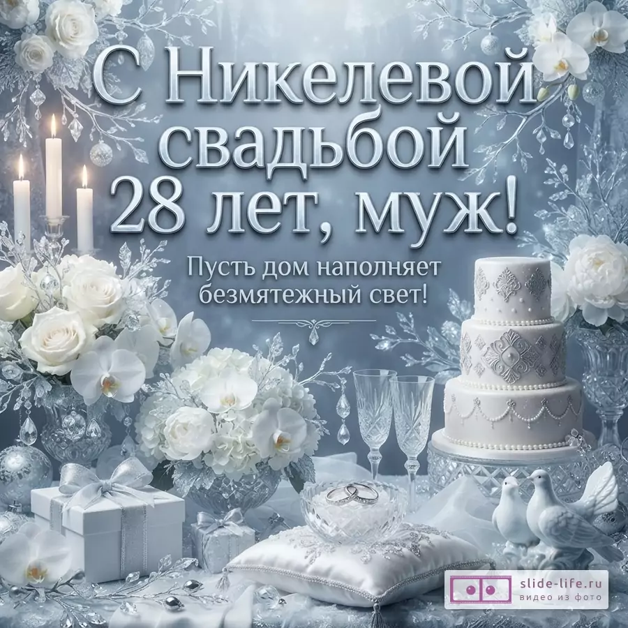 Открытка с белыми цветами, свечами, свадебным тортом и кольцами на подушечке. Фон голубой с серебристыми узорами. Текст: «С Никелевой свадьбой 28 лет, муж! Пусть дом наполняет безмятежный свет!»