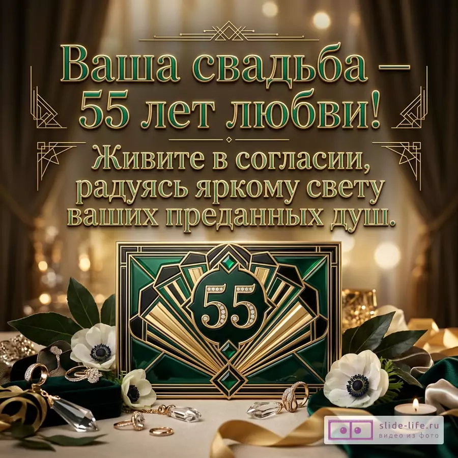 Открытка в золотых, изумрудных и коричневых тонах с декоративной рамкой, цветами, кольцами, свечой и числом «55», текст «Ваша свадьба — 55 лет любви! Живите в согласии, радуясь яркому свету ваших преданных душ.»