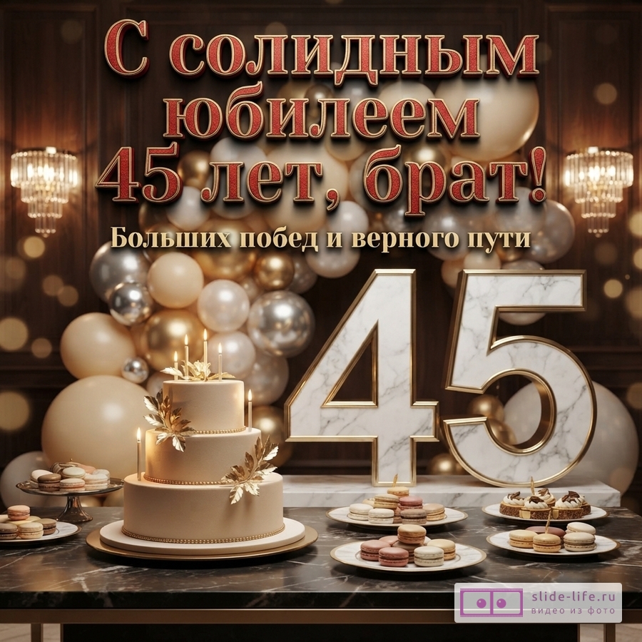 Фон темного дерева, золотые и бежевые шары, два светильника. Текст «С солидным юбилеем 45 лет, брат! Больших побед и верного пути».