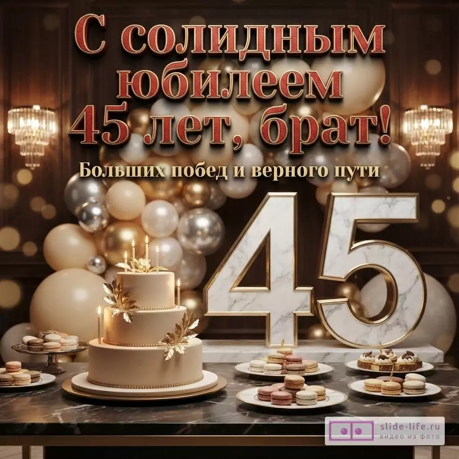 Фон темного дерева, золотые и бежевые шары, два светильника. Текст «С солидным юбилеем 45 лет, брат! Больших побед и верного пути».