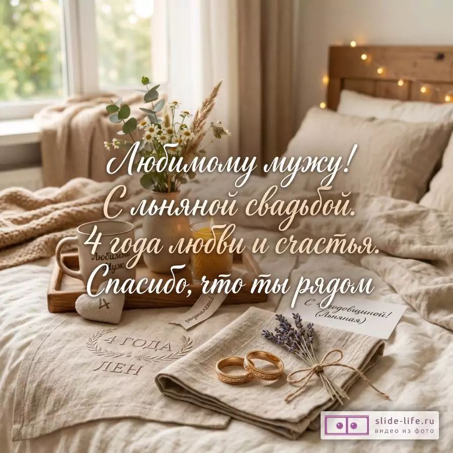 «Любимому мужу! С льняной свадьбой. 4 года любви и счастья. Спасибо, что ты рядом». Бежево-кремовый фон, постель, поднос с кружкой и букетом, льняная ткань, кольца, лаванда.