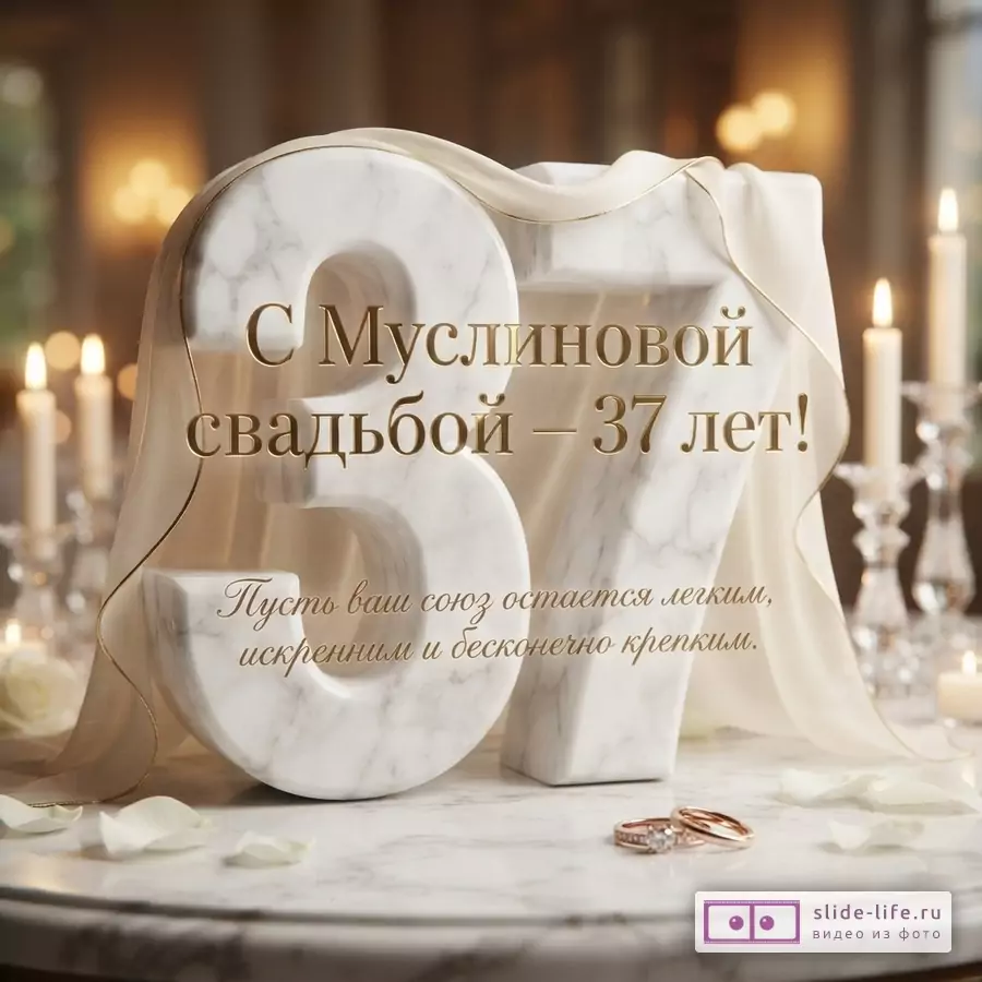 Белый мраморный фон, золотые цифры 37, белая полупрозрачная ткань, свечи, обручальные кольца. Текст: «С Муслиновой свадьбой – 37 лет! Пусть ваш союз остается легким, искренним и бесконечно крепким.»