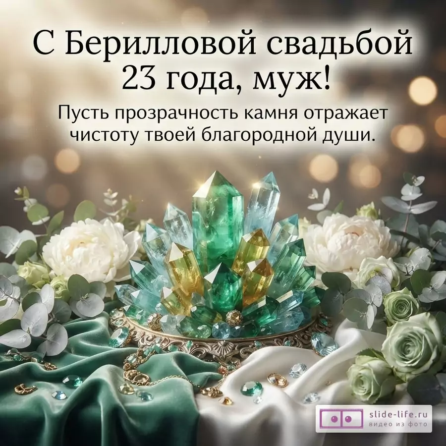 Зеленые кристаллы берилла в окружении белых роз и эвкалипта на шелковой ткани с надписью «С Берилловой свадьбой 23 года, муж! Пусть прозрачность камня отражает чистоту твоей благородной души.»