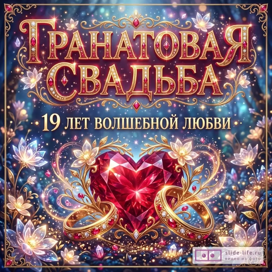 Сине-фиолетовый светящийся фон с золотым орнаментом, цветами, красными кристаллами, сердцем-гранатом и двумя кольцами, текст «ГРАНАТОВАЯ СВАДЬБА» и «19 ЛЕТ ВОЛШЕБНОЙ ЛЮБВИ»
