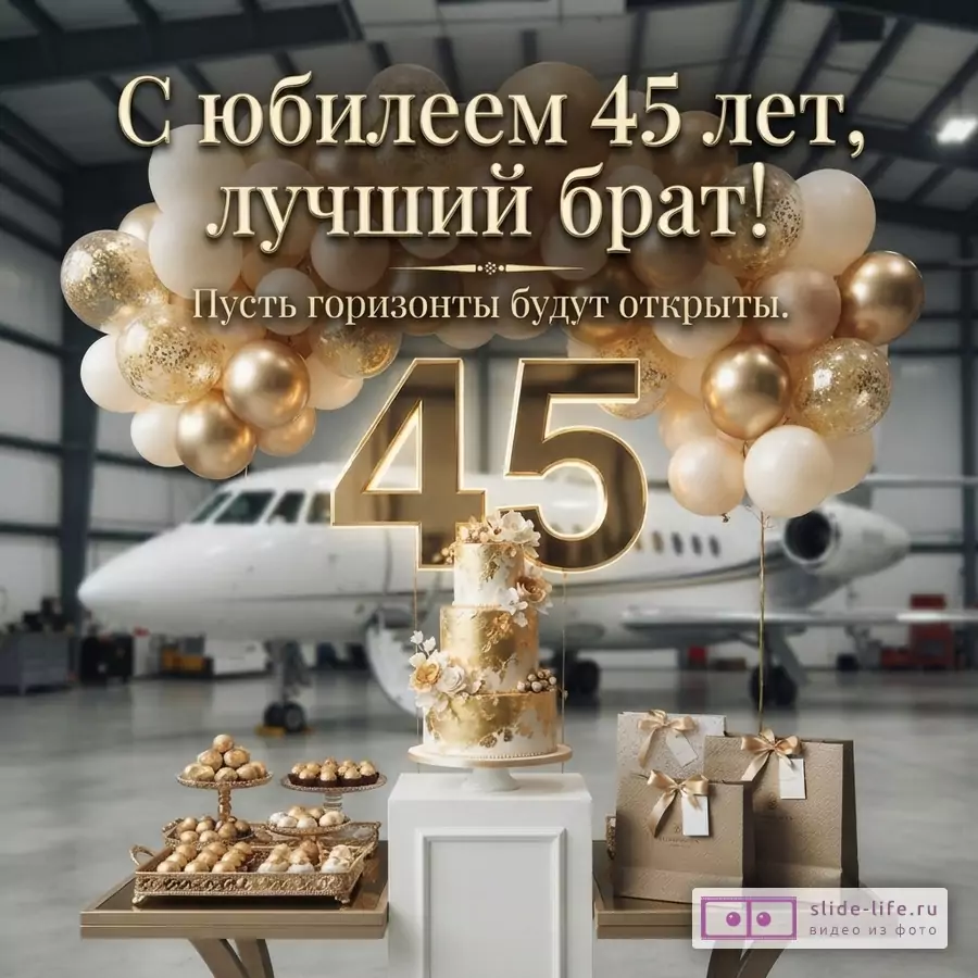 Открытка с юбилеем 45 лет. Фон ангара с самолетом. Золотые и бежевые шары. Золотые цифры 45. Трехъярусный торт. Надпись «С юбилеем 45 лет, лучший брат! Пусть горизонты будут открыты.»