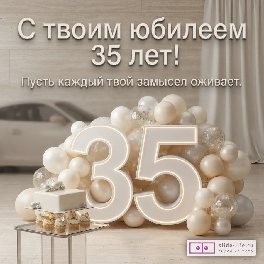 Объемная светящаяся цифра 35 в окружении бежевых воздушных шаров, рядом торт на столике и текст «С твоим юбилеем 35 лет! Пусть каждый твой замысел оживает.»
