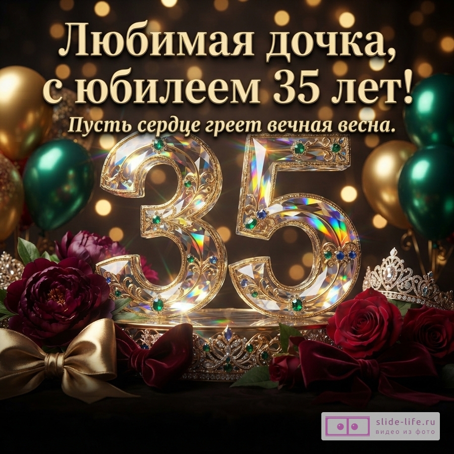 Объемная хрустальная цифра 35 с изумрудами, бордовые розы, шары и текст «Любимая дочка, с юбилеем 35 лет! Пусть сердце греет вечная весна.»
