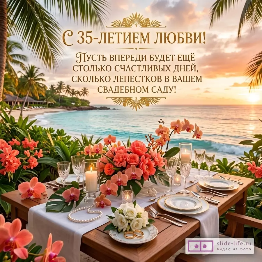 Закатный пляж, океан, пальмы; стол с бокалами, свечами и коралловыми цветами. Текст: «С 35-летием любви! Пусть впереди будет ещё столько счастливых дней, сколько лепестков в вашем свадебном саду!»