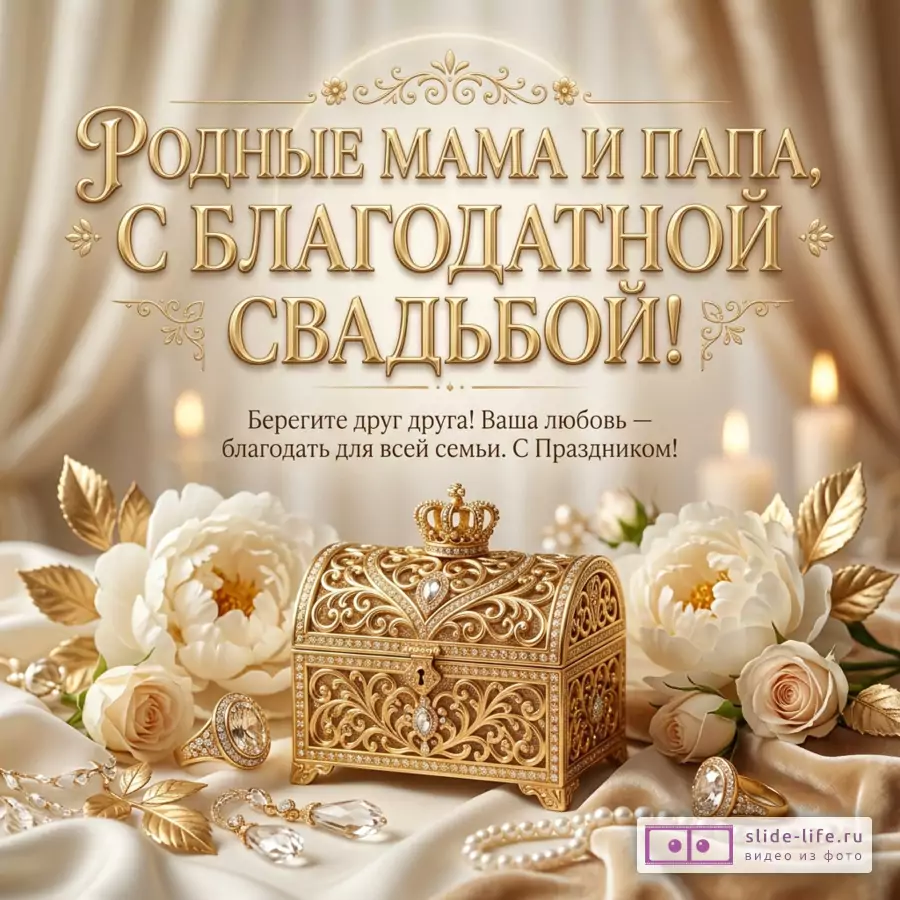 Бежевая открытка с золотым текстом «Родные мама и папа, С Благодатной свадьбой! Берегите друг друга! Ваша любовь — благодать для всей семьи. С Праздником!», шкатулка, белые цветы, свечи, кольца, жемчуг