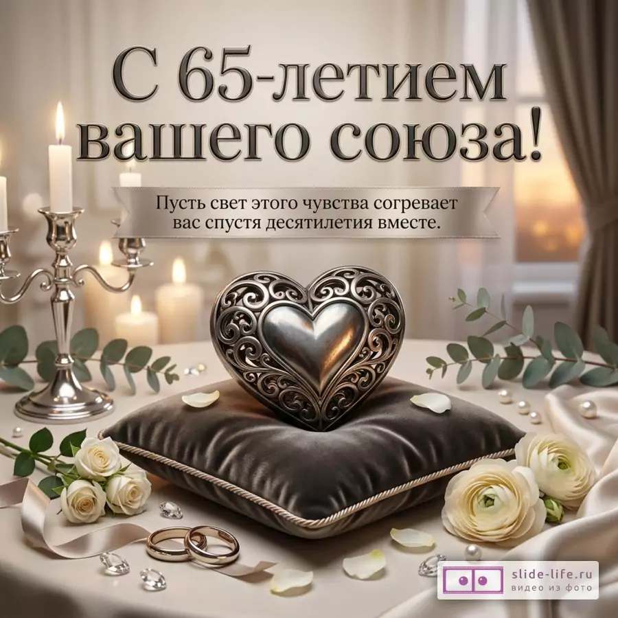 Открытка с текстом «С 65-летием вашего союза! Пусть свет этого чувства согревает вас спустя десятилетия вместе.», бежевый фон, свечи, серебристое сердце на подушке, белые цветы, кольца