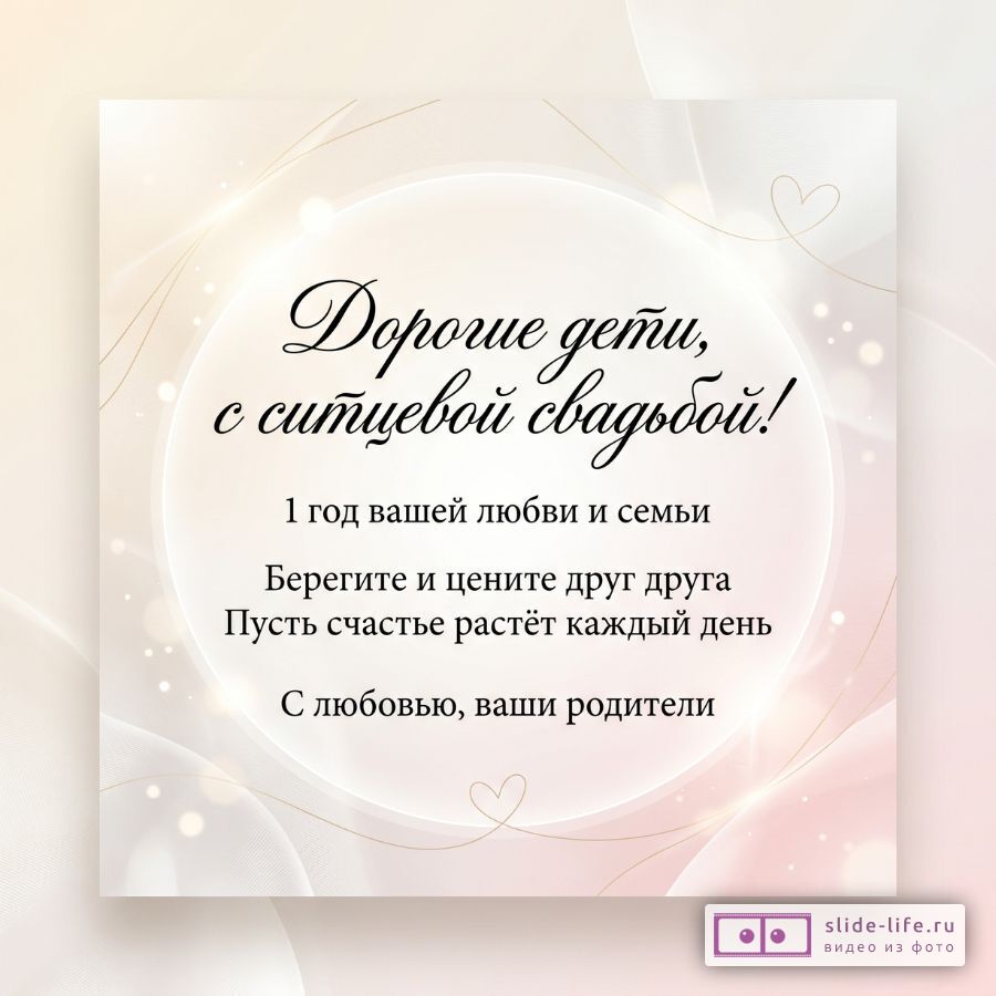 С ситцевой свадьбой, дорогие дети! Душевная открытка от родителей на 1 год брака