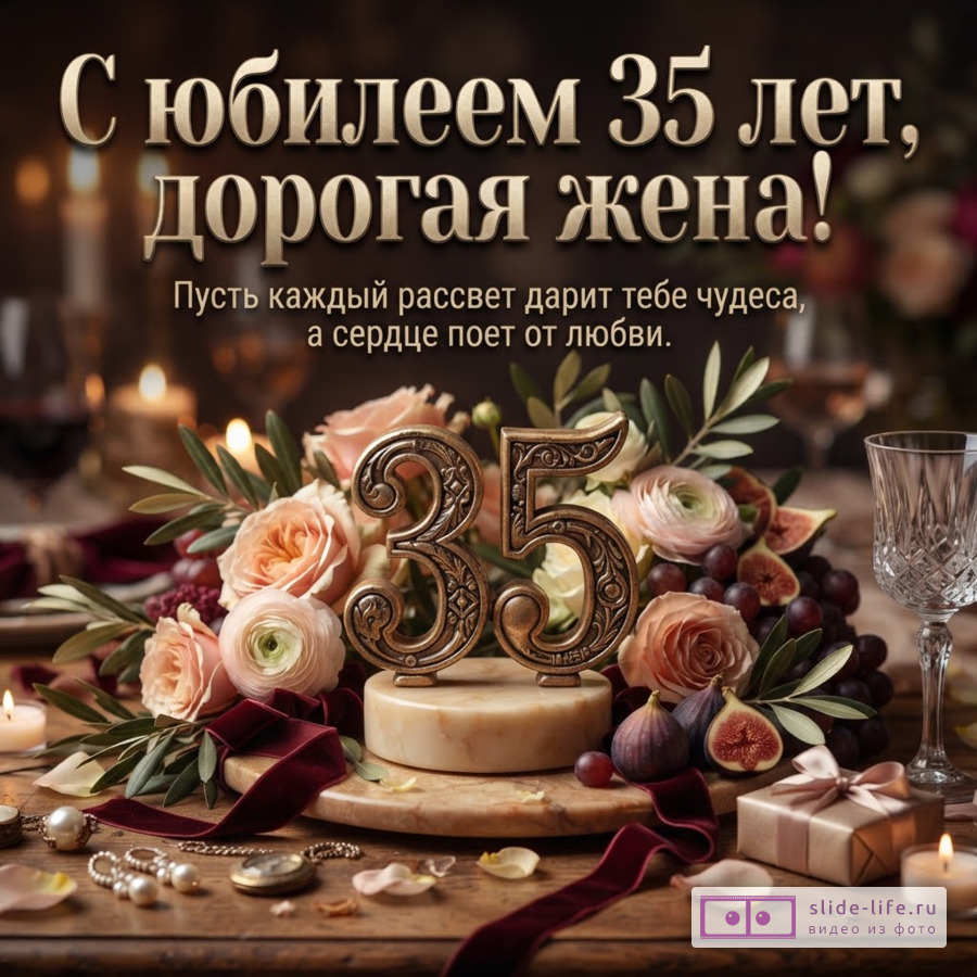 Темный фон, золотые буквы, цифры «35», розы, инжир, виноград, свечи, бокал, подарок. Текст: «С юбилеем 35 лет, дорогая жена! Пусть каждый рассвет дарит тебе чудеса, а сердце поет от любви.»