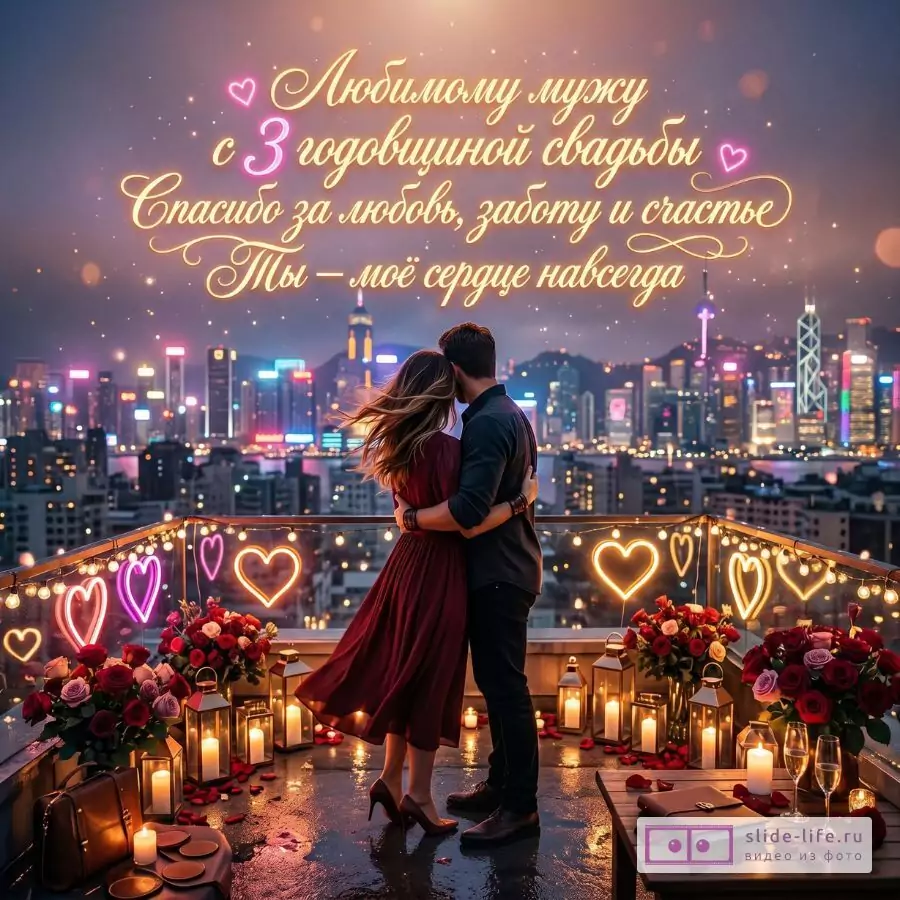Фиолетово-розовый вечерний фон, пара, свечи, розы, светящиеся сердца, текст «Любимому мужу с 3 годовщиной свадьбы Спасибо за любовь, заботу и счастье Ты – моё сердце навсегда»