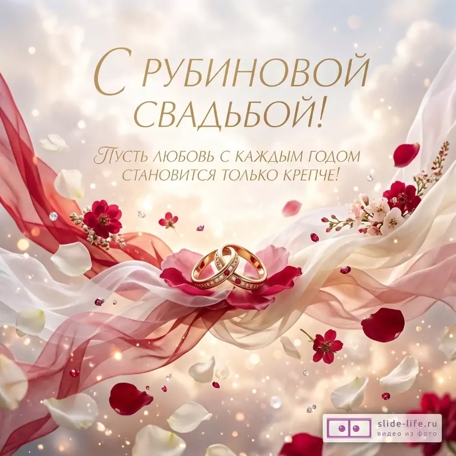 Светлый бежево-розовый фон, красные и белые шелковые ленты, лепестки и цветы, два обручальных кольца. Текст: «С РУБИНОВОЙ СВАДЬБОЙ! Пусть любовь с каждым годом становится только крепче!»
