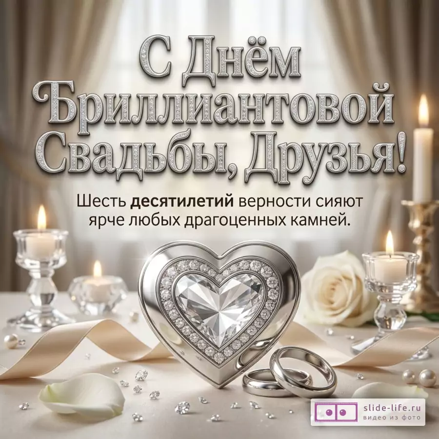 Серебристая поздравительная открытка с драпированным бежевым фоном, свечами, белой розой, кольцами и сердцем с крупным кристаллом, текст: «С Днём Бриллиантовой Свадьбы, Друзья!»