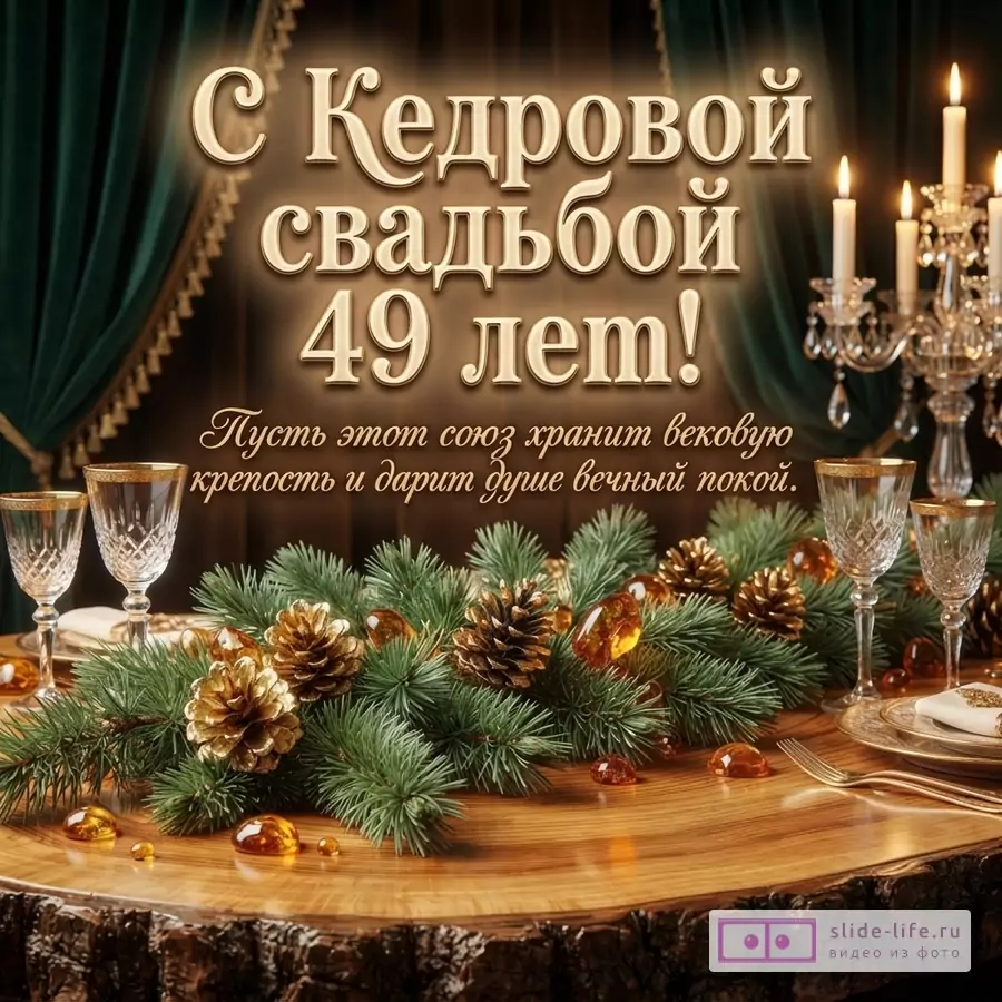 Коричневый фон, зеленые шторы, свечи, еловые ветки с шишками и янтарем на деревянном столе. Текст: «С Кедровой свадьбой 49 лет! Пусть этот союз хранит вековую крепость и дарит душе вечный покой.»