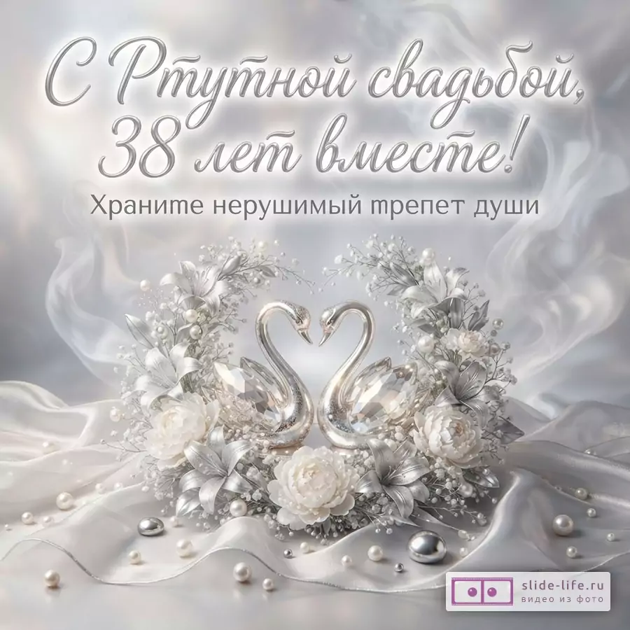 Светлый фон с дымкой, два серебряных лебедя из кристаллов, окруженных белыми и серебряными цветами, жемчугом. Текст: «С Ртутной свадьбой, 38 лет вместе! Храните нерушимый трепет души»