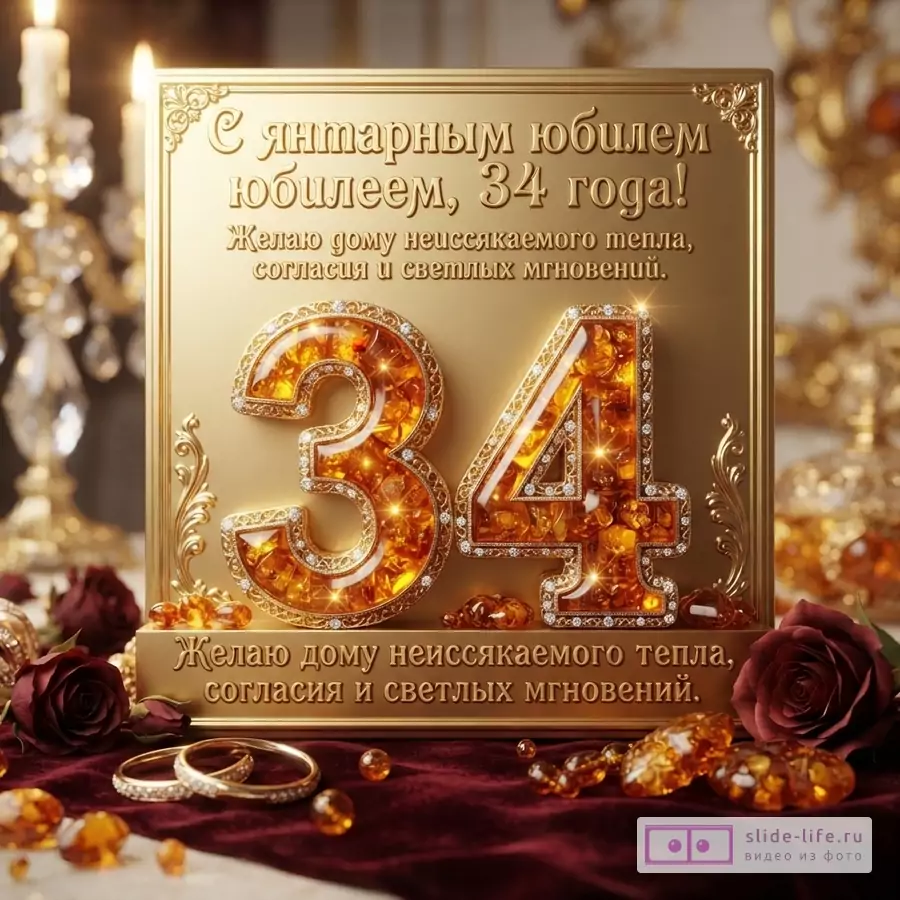 Золотая открытка с цифрами «34» из янтаря и страз на бордовом фоне. Текст: «С янтарным юбилеем, 34 года! Желаю дому неиссякаемого тепла, согласия и светлых мгновений.»