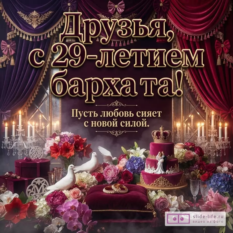 Открытка с бордовыми шторами, свечами, цветами, обручальными кольцами и тортом. Текст: «Друзья, с 29-летием бархата! Пусть любовь сияет с новой силой.»