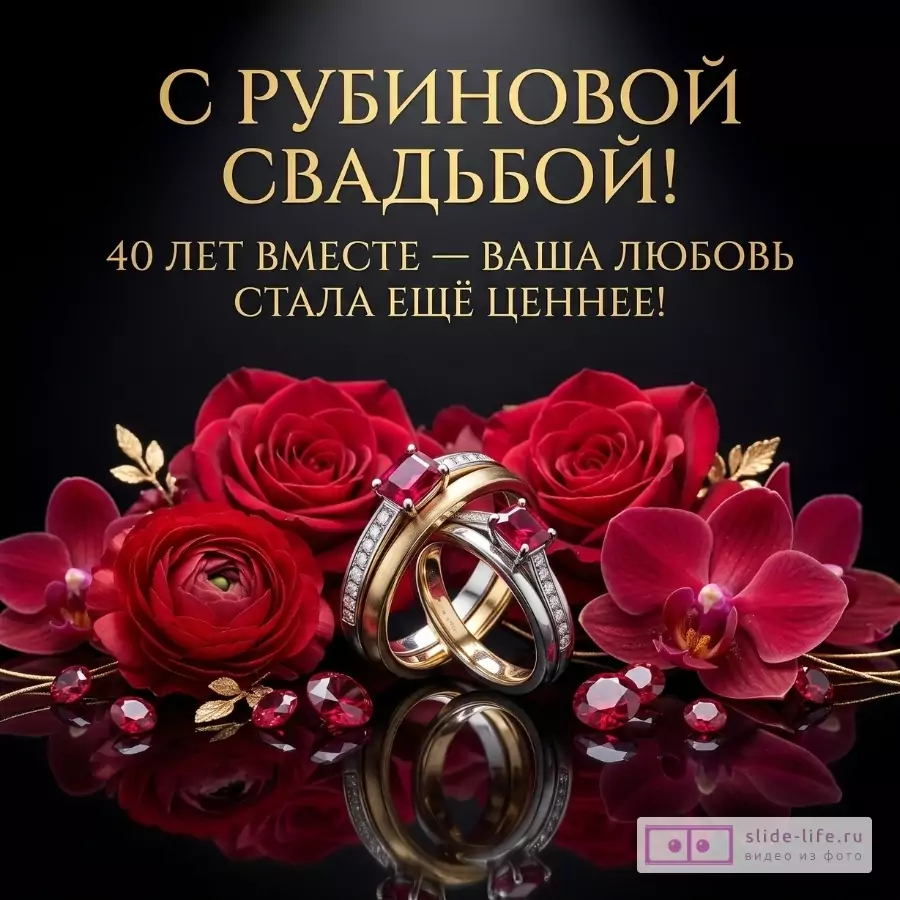 Черный фон, золотая надпись «С РУБИНОВОЙ СВАДЬБОЙ! 40 ЛЕТ ВМЕСТЕ — ВАША ЛЮБОВЬ СТАЛА ЕЩЁ ЦЕННЕЕ!», красные розы, орхидеи, кольца с рубинами, россыпь камней.