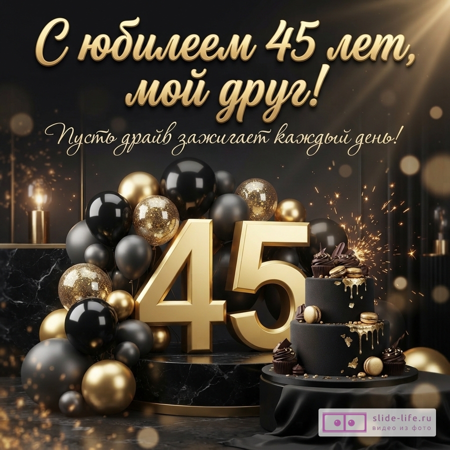 Черно-золотая открытка на черном фоне с золотыми буквами «С юбилеем 45 лет, мой друг! Пусть драйв зажигает каждый день!». Внизу золотые цифры 45, черные и золотые шары, черный торт с золотым декором.