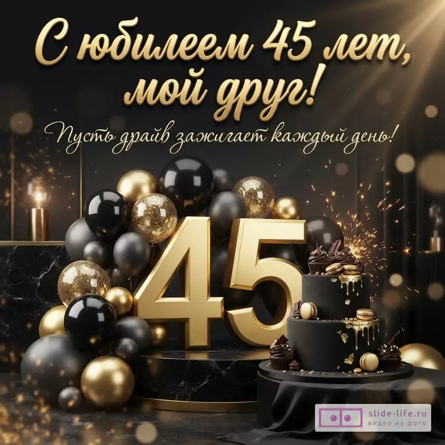 Черно-золотая открытка на черном фоне с золотыми буквами «С юбилеем 45 лет, мой друг! Пусть драйв зажигает каждый день!». Внизу золотые цифры 45, черные и золотые шары, черный торт с золотым декором.