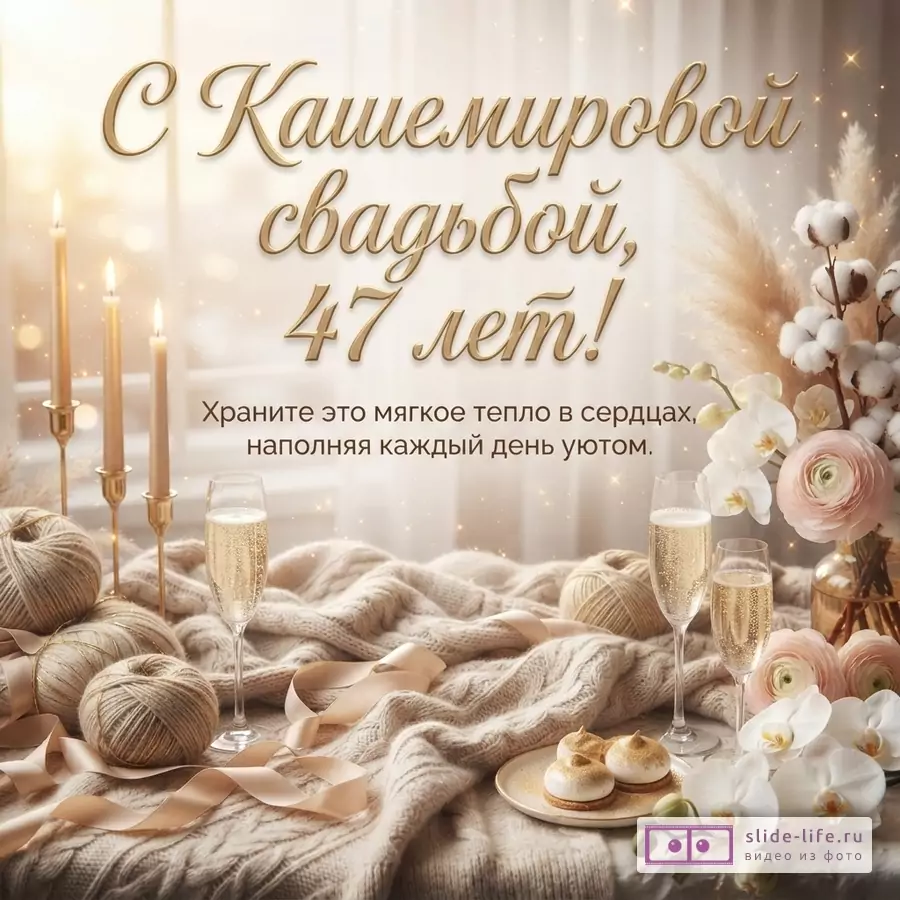 Открытка с бежевым фоном, свечами, цветами, клубками пряжи, бокалами шампанского и пирожными. Текст на открытке: «С Кашемировой свадьбой, 47 лет! Храните это мягкое тепло в сердцах, наполняя каждый день уютом.»