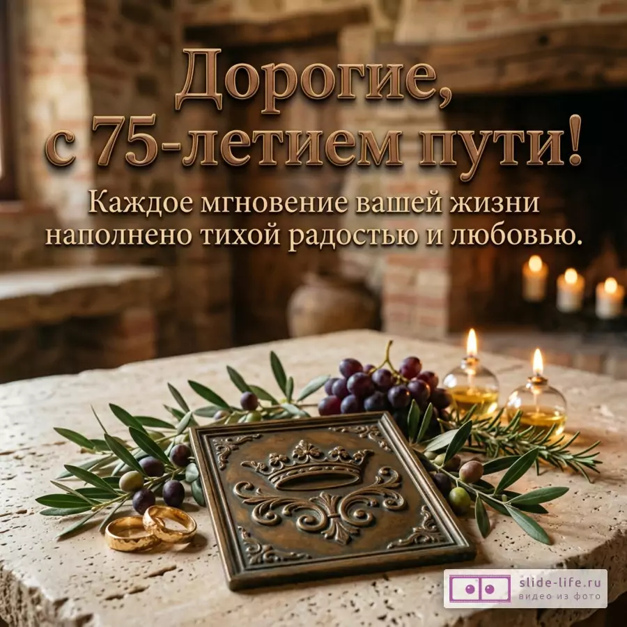 Бронзовый барельеф с короной, золотые кольца, виноград и лампы. Текст: «Близкие, с 75-летием пути! Каждое мгновение вашей жизни наполнено тихим сиянием достоинства.»