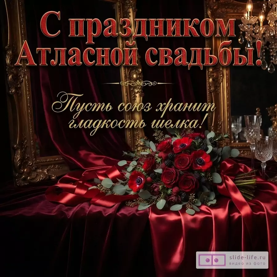 Букет красных роз и анемонов на темно-бордовой атласной ткани у резного золотого зеркала с надписью «С праздником Атласной свадьбы! Пусть союз хранит гладкость шелка!»