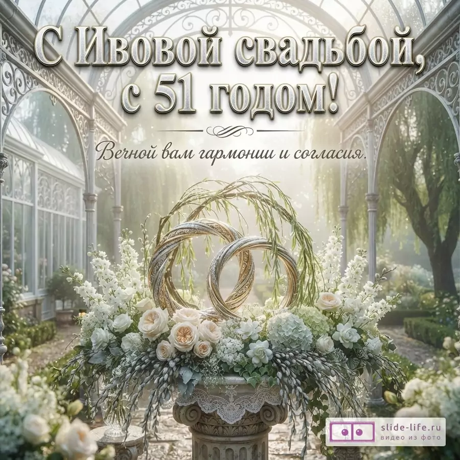 Светлая открытка с аркой, цветочной композицией и золотыми кольцами. Текст: «С Ивовой свадьбой, с 51 годом! Вечной вам гармонии и согласия.»