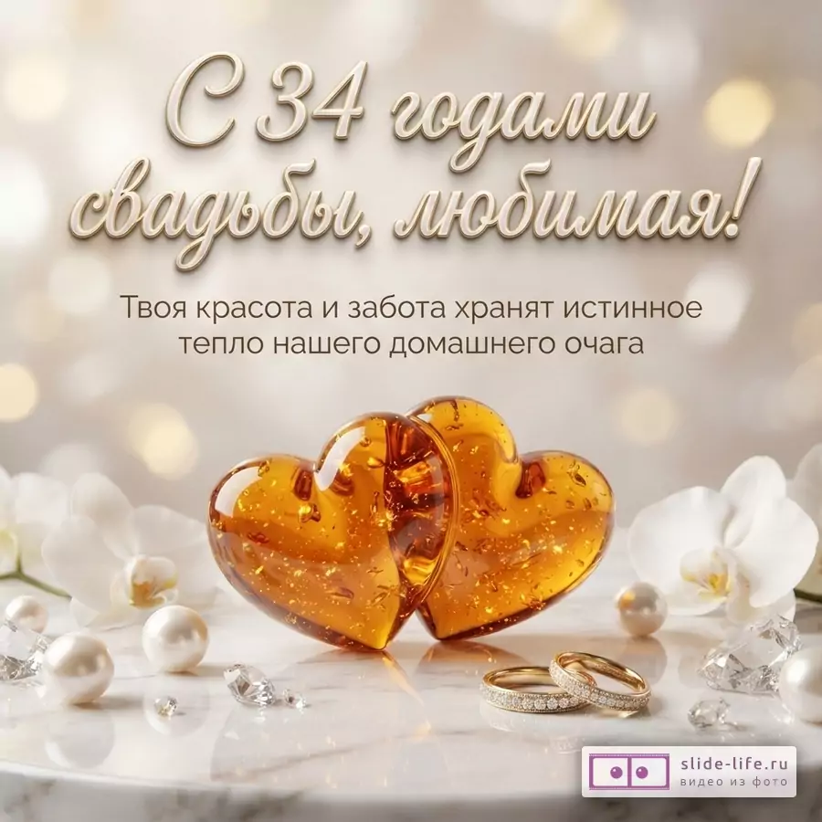 Открытка с бежевым фоном, двумя янтарными сердцами, жемчугом, бриллиантами и обручальными кольцами. Текст: «С 34 годами свадьбы, любимая! Твоя красота и забота хранят истинное тепло нашего домашнего очага»