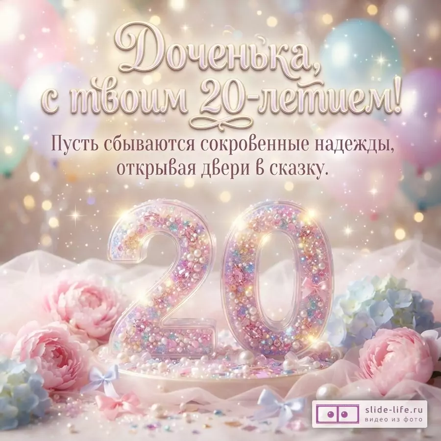 Объемная цифра 20 из розовых бусин и блесток среди цветов, бантов и жемчуга с текстом «ДОЧЕНЬКА, С ТВОИМ 20-ЛЕТИЕМ! Пусть сбываются сокровенные надежды, открывая двери в сказку.»