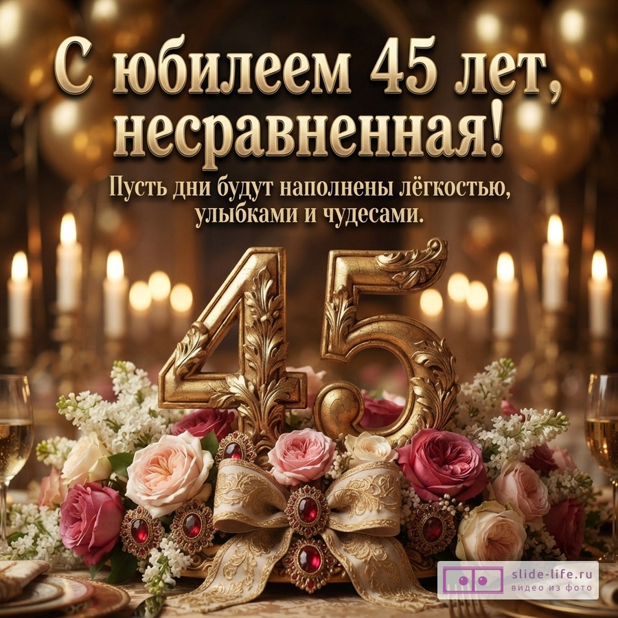 Открытка с юбилеем 45 лет. Фон темно-коричневый, сверху золотые шары. В центре золотые цифры «45». Перед цифрами букет из розовых, белых и бордовых роз, белых цветов и золотого банта с красными камнями. Слева и справа бокалы с напитком. Текст: «С юбилеем 45 лет, несравненная! Пусть дни будут наполнены лёгкостью, улыбками и чудесами.»