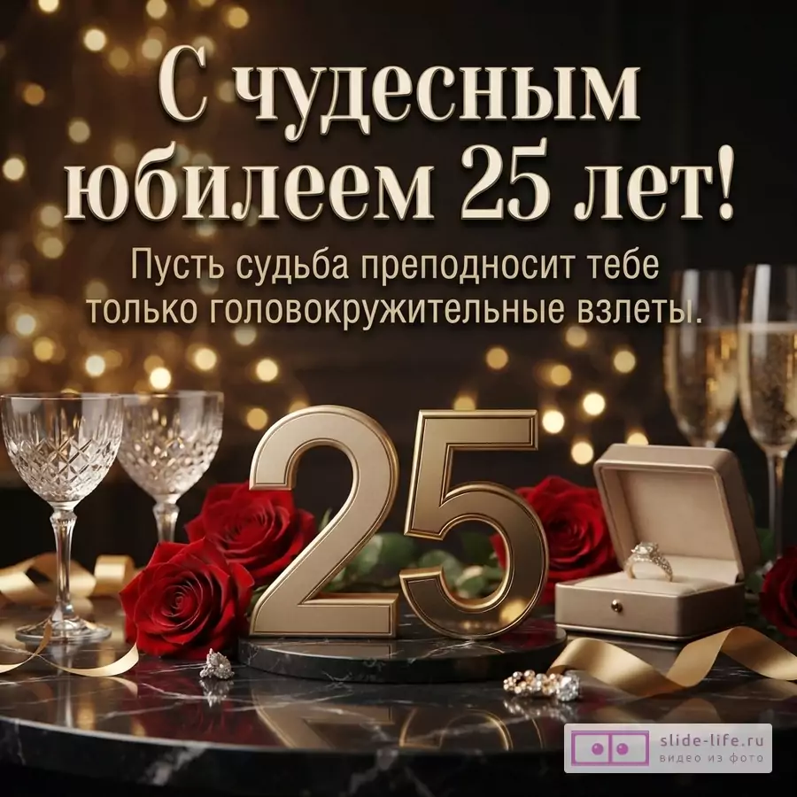 Объемная золотая цифра 25, красные розы, бокалы и кольцо в футляре на темном фоне с боке и надписью «С чудесным юбилеем 25 лет! Пусть судьба преподносит тебе только головокружительные взлеты».