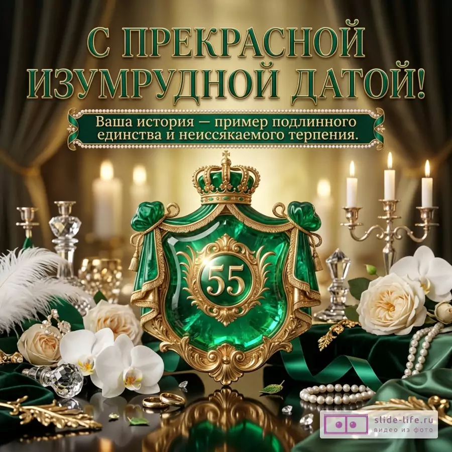 Открытка с зеленым и золотым фоном, надпись «С ПРЕКРАСНОЙ ИЗУМРУДНОЙ ДАТОЙ!» и «Ваша история — пример подлинного единства и неиссякаемого терпения.», изумрудный герб с числом «55», свечи, белые орхидеи, розы, жемчуг, кольца