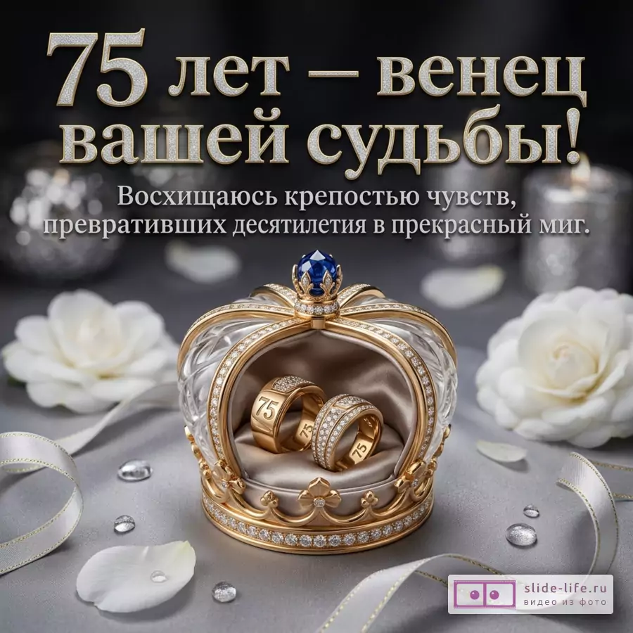 Золотая корона с обручальными кольцами и белыми цветами на сером фоне с текстом «75 лет — венец вашей судьбы! Восхищаюсь крепостью чувств, превративших десятилетия в прекрасный миг.»