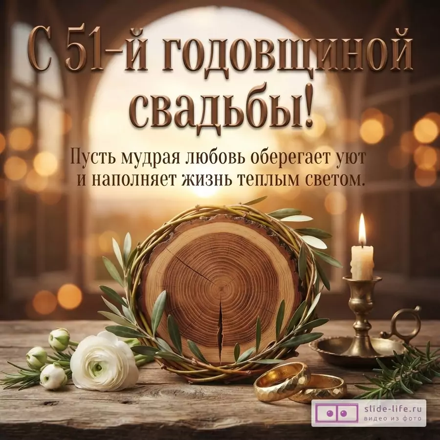 Открытка с коричневым фоном, окном и боке. На переднем плане деревянный срез, венок из ивовых прутьев, белая роза, свеча в подсвечнике, два золотых кольца. Текст: «С 51-й годовщиной свадьбы! Пусть мудрая любовь оберегает уют и наполняет жизнь теплым светом.»