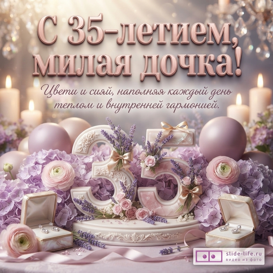 Объемная цифра 35 с цветами лаванды, гортензиями, свечами и надписью «С 35-летием, милая дочка! Цвети и сияй, наполняя каждый день теплом и внутренней гармонией.»
