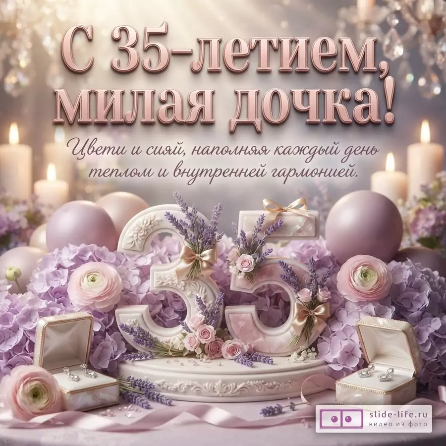 Объемная цифра 35 с цветами лаванды, гортензиями, свечами и надписью «С 35-летием, милая дочка! Цвети и сияй, наполняя каждый день теплом и внутренней гармонией.»