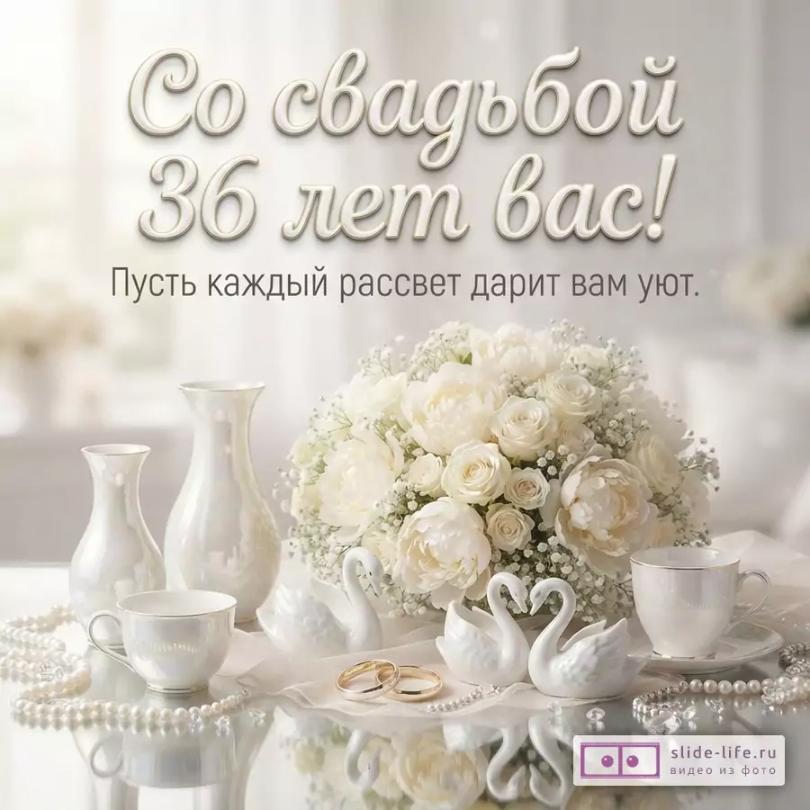 Открытка с белым фоном, букетом белых цветов, вазами, чашками, жемчужными бусами, двумя лебедями и обручальными кольцами. Текст: «Со свадьбой 36 лет вас! Пусть каждый рассвет дарит вам уют.»