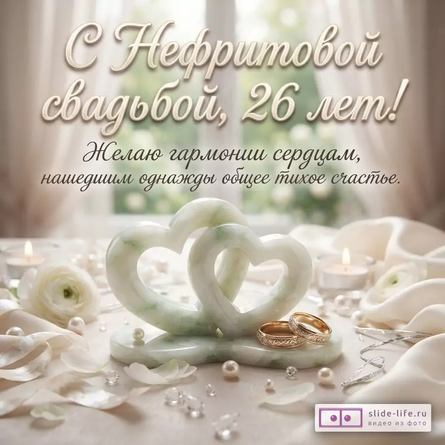 Светлый размытый фон, вверху надпись «С Нефритовой свадьбой, 26 лет!», ниже текст «Желаю гармонии сердцам, нашедшим однажды общее тихое счастье.». Внизу два нефритовых сердца, кольца, свечи, белые цветы и жемчуг.